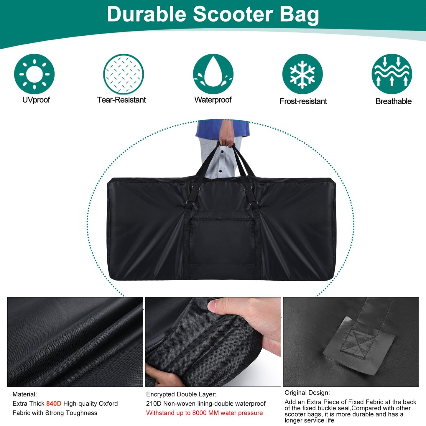 Heavy Duty Electric Scooter Storage Carry Bag 840D Waterproof Padded Strap Double Zipper Universal Scooter Transport Bag