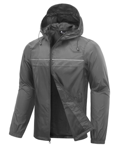 Men’s Waterproof Lightweight Packable Rain Jacket Hooded Windbreaker Cycling Running Outdoor Gear Reflective Shell Coat
