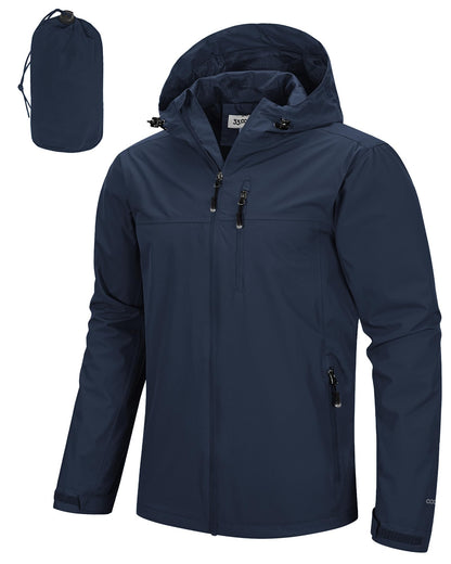 Men’s Waterproof Packable Rain Jacket Hooded Lightweight Windbreaker Cycling Running Outdoor Reflective Shell Jacket