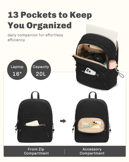 Quilted Travel Laptop Backpack Lightweight Puffer Style 16 Inch Laptop Compatible Casual Daypack Personal Item Bag