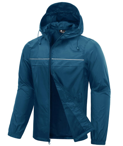 Men’s Waterproof Lightweight Packable Rain Jacket Hooded Windbreaker Cycling Running Outdoor Gear Reflective Shell Coat
