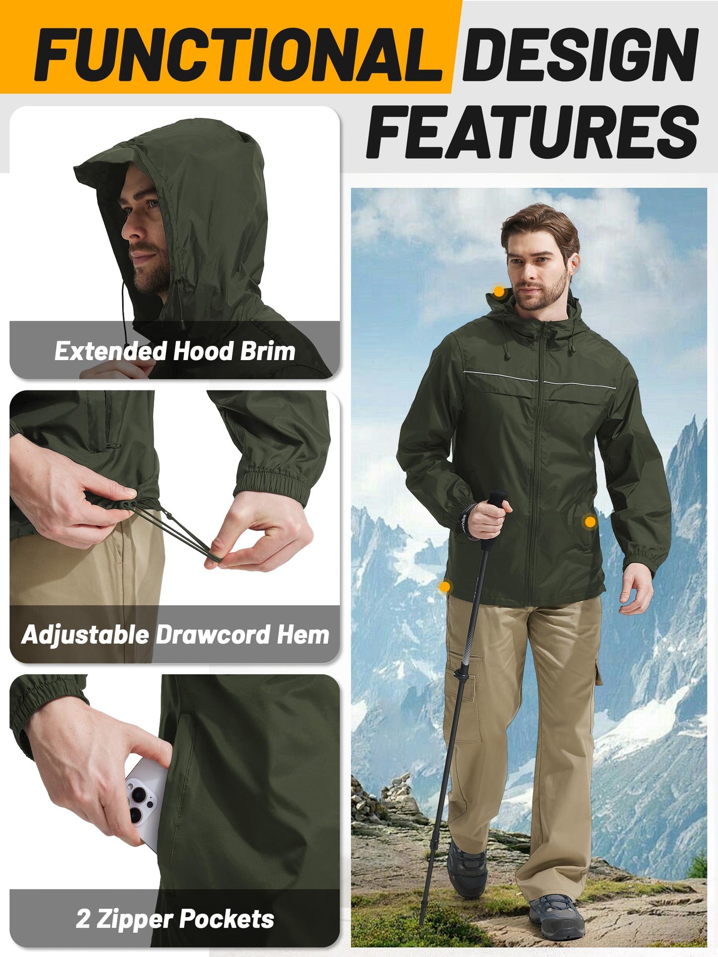 Men’s Waterproof Lightweight Packable Rain Jacket Hooded Windbreaker Cycling Running Outdoor Gear Reflective Shell Coat