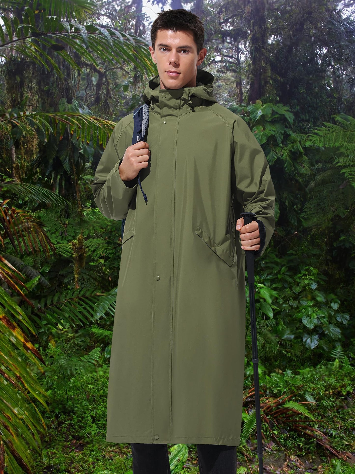 Men’s Waterproof Long Raincoat Adjustable Hood Wide Brim Packable Outdoor Cycling Commuting Rain Jacket Lightweight Portable