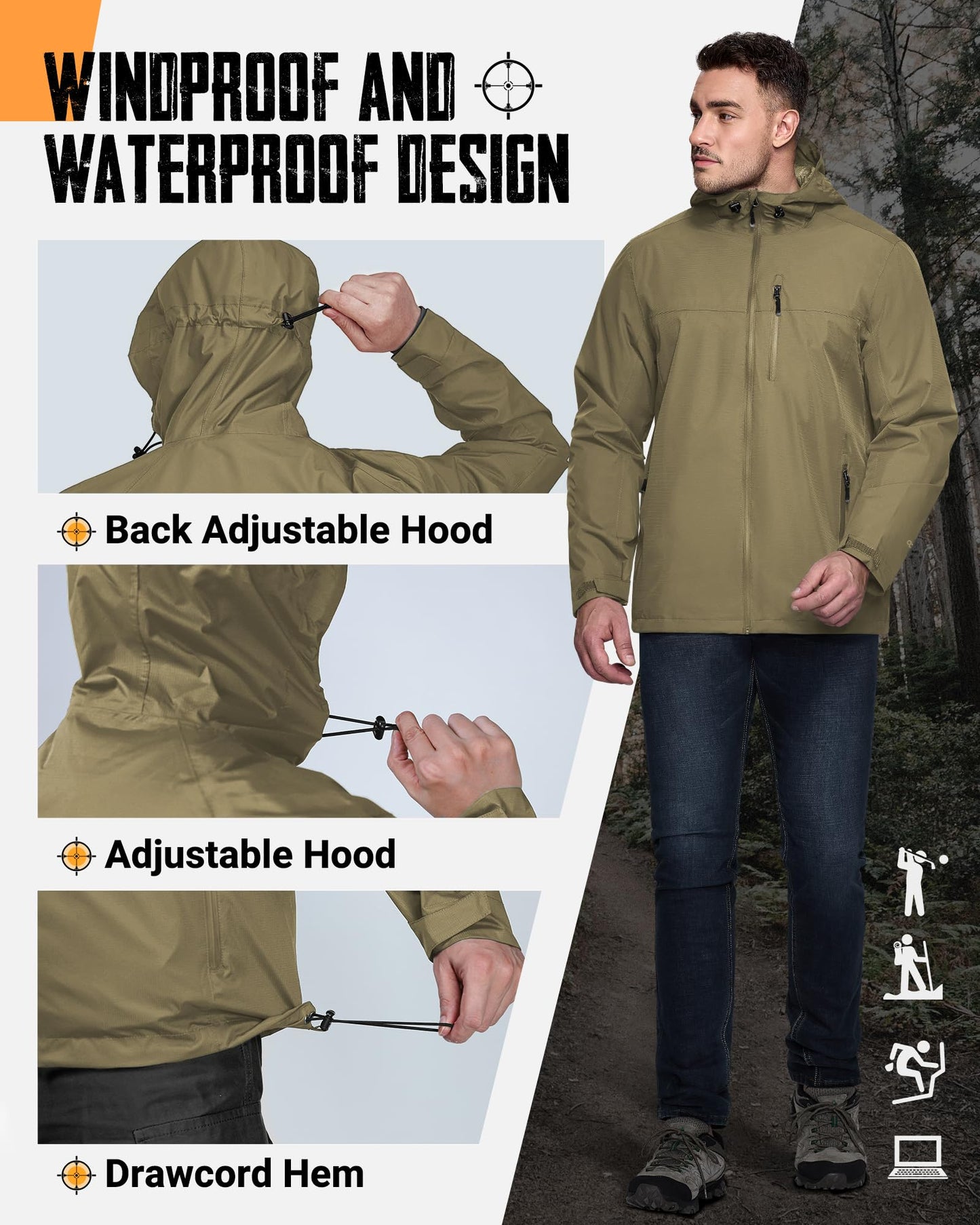 Men’s Waterproof Packable Rain Jacket Hooded Lightweight Windbreaker Cycling Running Outdoor Reflective Shell Jacket