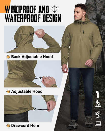Men’s Waterproof Packable Rain Jacket Hooded Lightweight Windbreaker Cycling Running Outdoor Reflective Shell Jacket