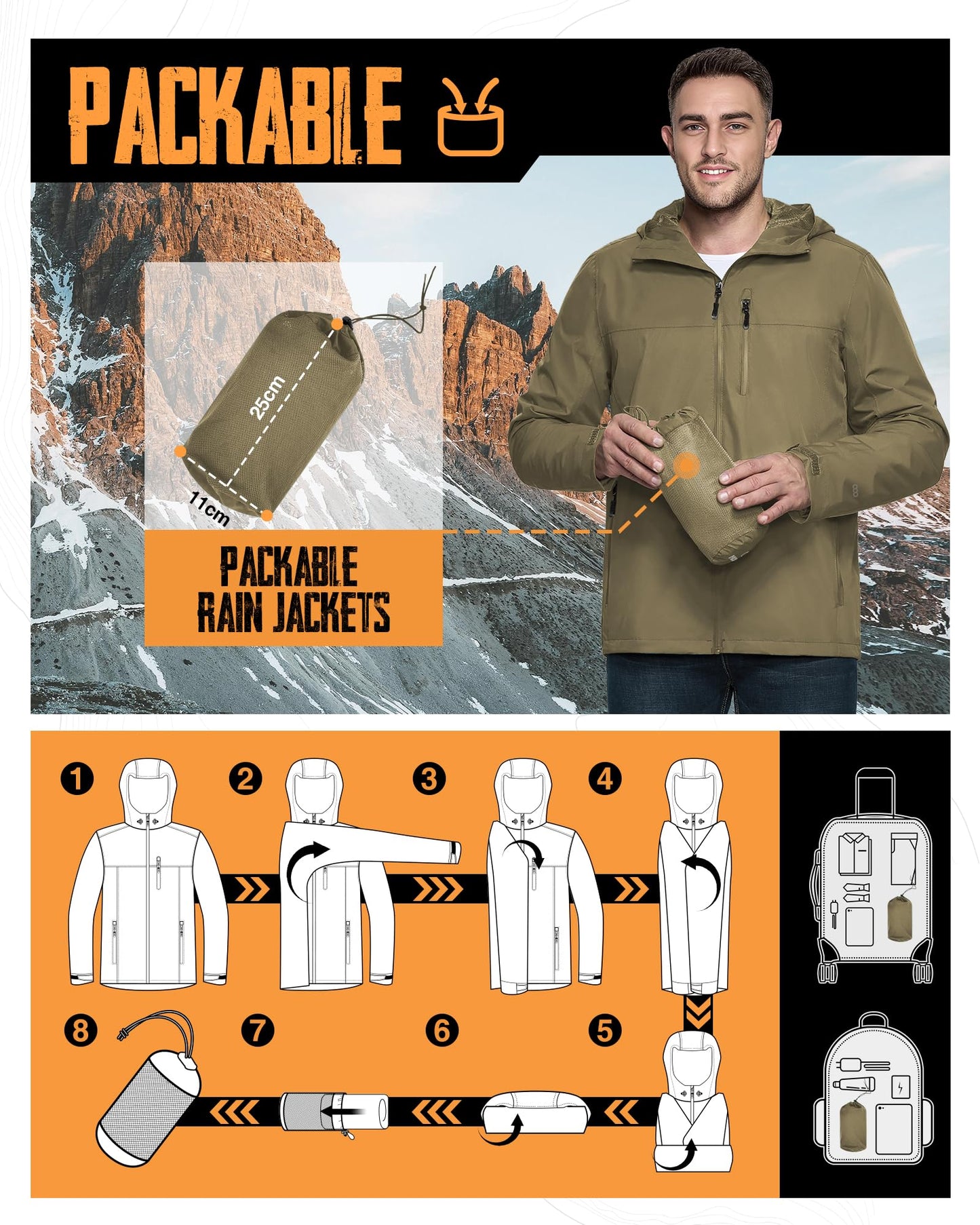 Men’s Waterproof Packable Rain Jacket Hooded Lightweight Windbreaker Cycling Running Outdoor Reflective Shell Jacket