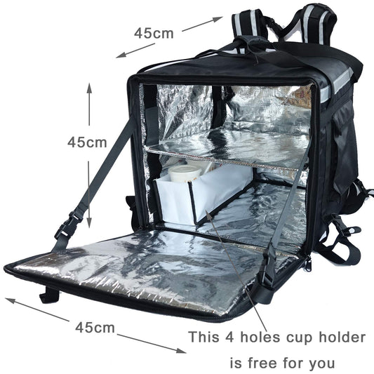 Insulated Pizza Delivery Bag with Cup Holder Thermal Food Delivery Bag 16x16x16 Inch Side Loading Waterproof Scooter Bike Carrier Box