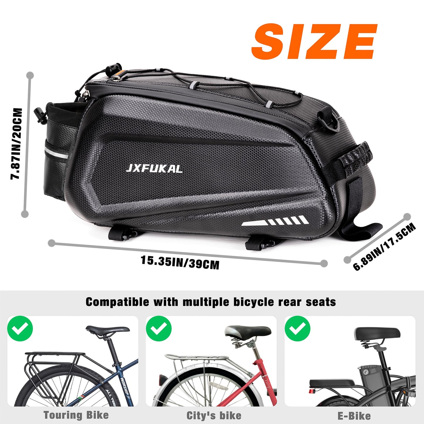 Waterproof Bike Rear Rack Bag Hard Shell Expandable Bicycle Trunk Pannier with Rain Cover Shoulder Strap Reflective Commuter Storage Bag
