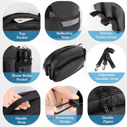 Waterproof Bike Rear Rack Bag 12L Reflective Pannier Saddle Trunk Storage with Bottle Holder Shoulder Strap Commuter MTB E Bike