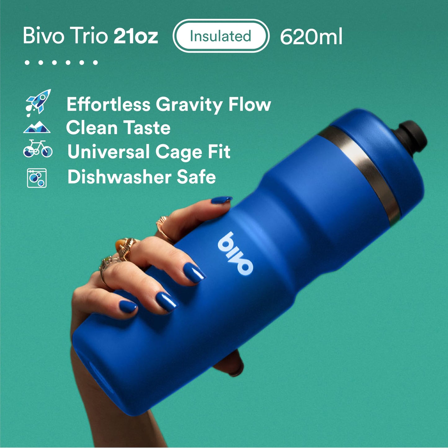 Insulated Stainless Steel Bike Water Bottle 21oz High Flow Nozzle Fits Most Cages Keeps Drinks Cold Long Lasting Dishwasher Safe