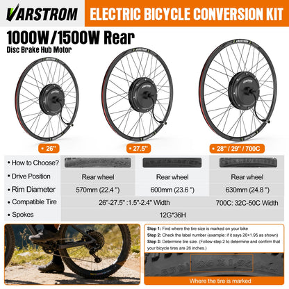 Electric Bike Conversion Kit 48V 1000W 1500W Hub Motor Front Rear Wheel 26–29 Inch Display Optional E Bike Kit
