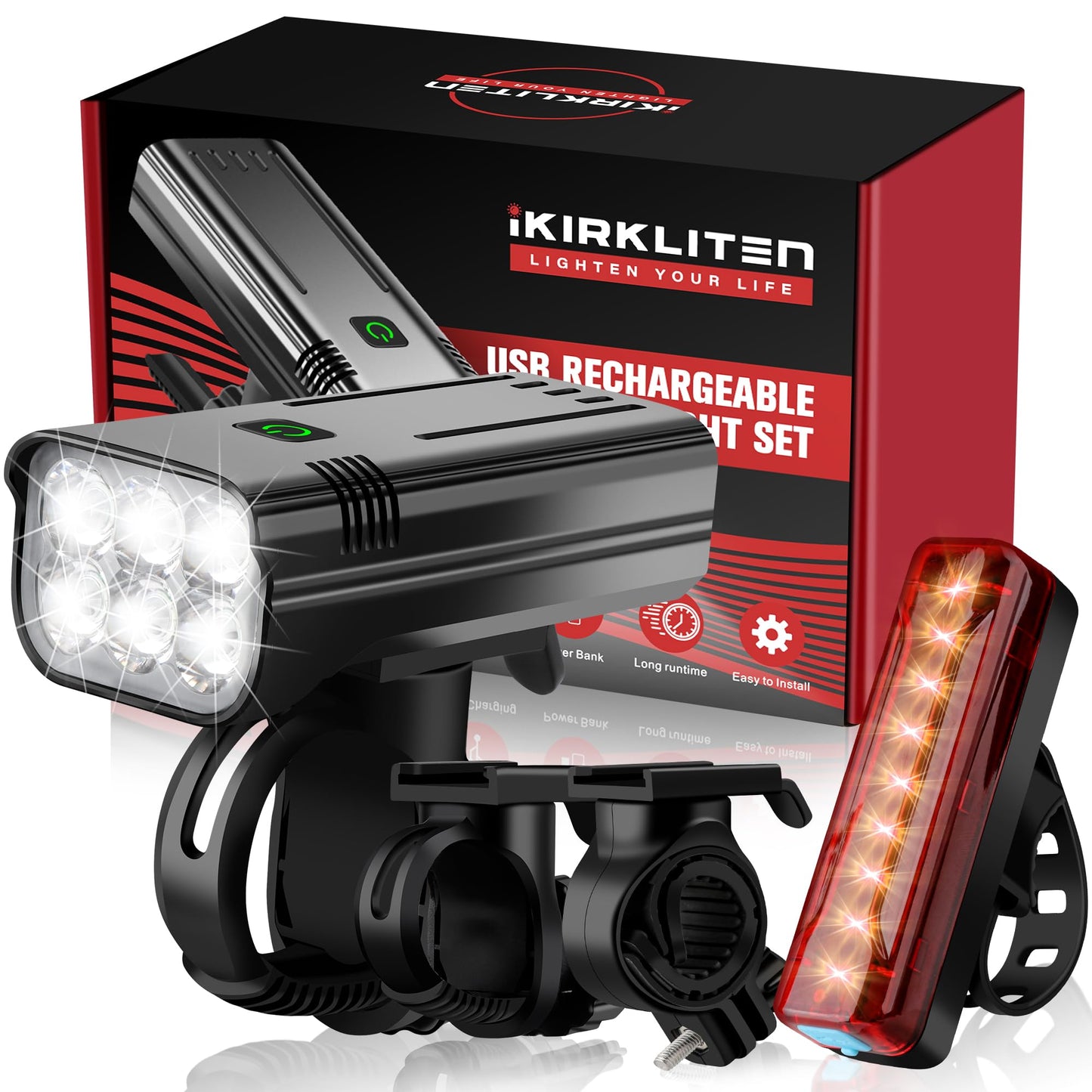 High Lumens USB Rechargeable Bike Lights Front and Rear Set 10000mAh IPX5 6 LED