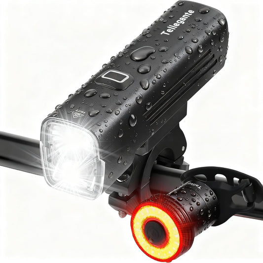 USB Rechargeable Bike Lights Front and Rear Set Dual LED High Low Beam 6000mAh IPX6 Waterproof Aluminum Alloy