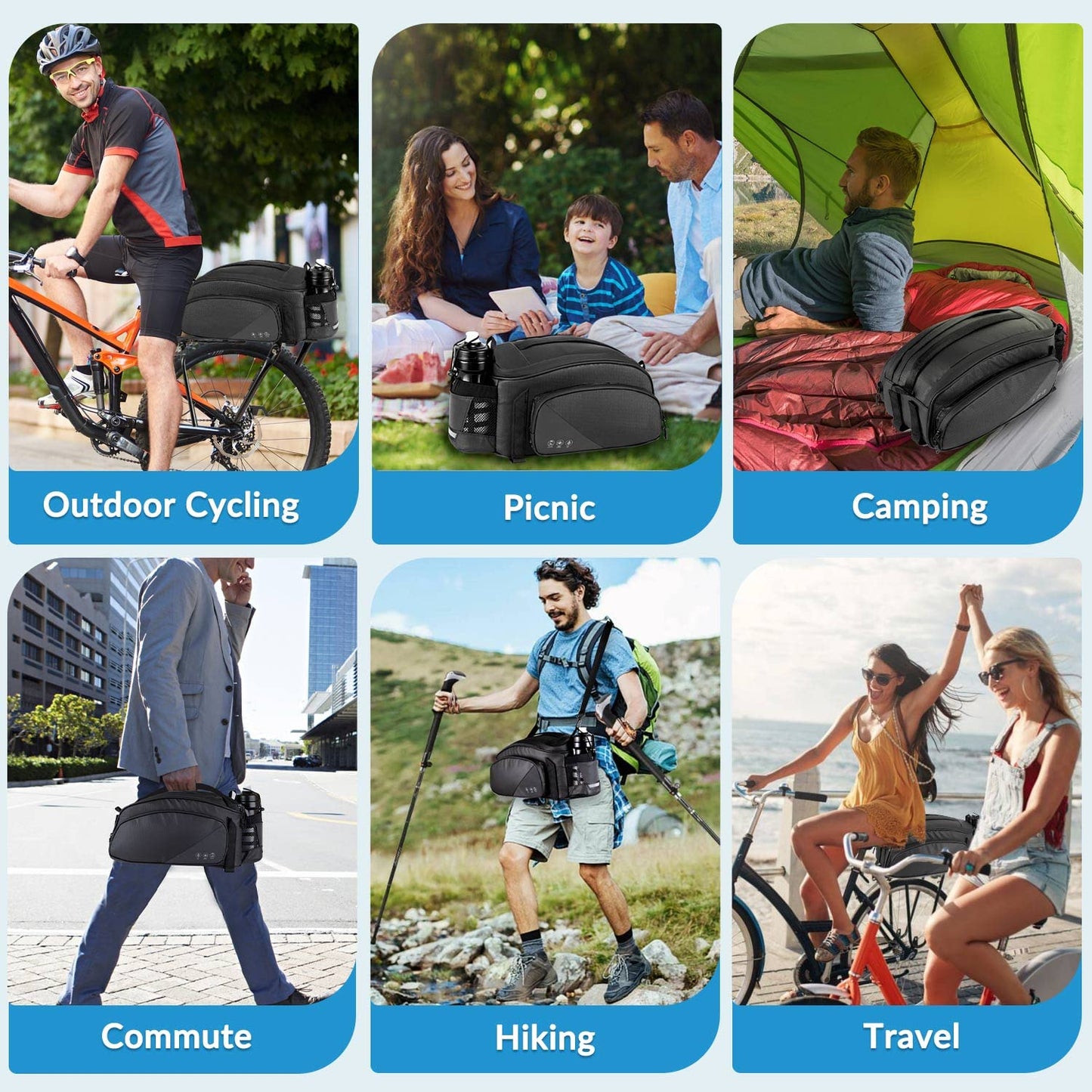 Waterproof Bike Rear Rack Bag 12L Reflective Pannier Saddle Trunk Storage with Bottle Holder Shoulder Strap Commuter MTB E Bike