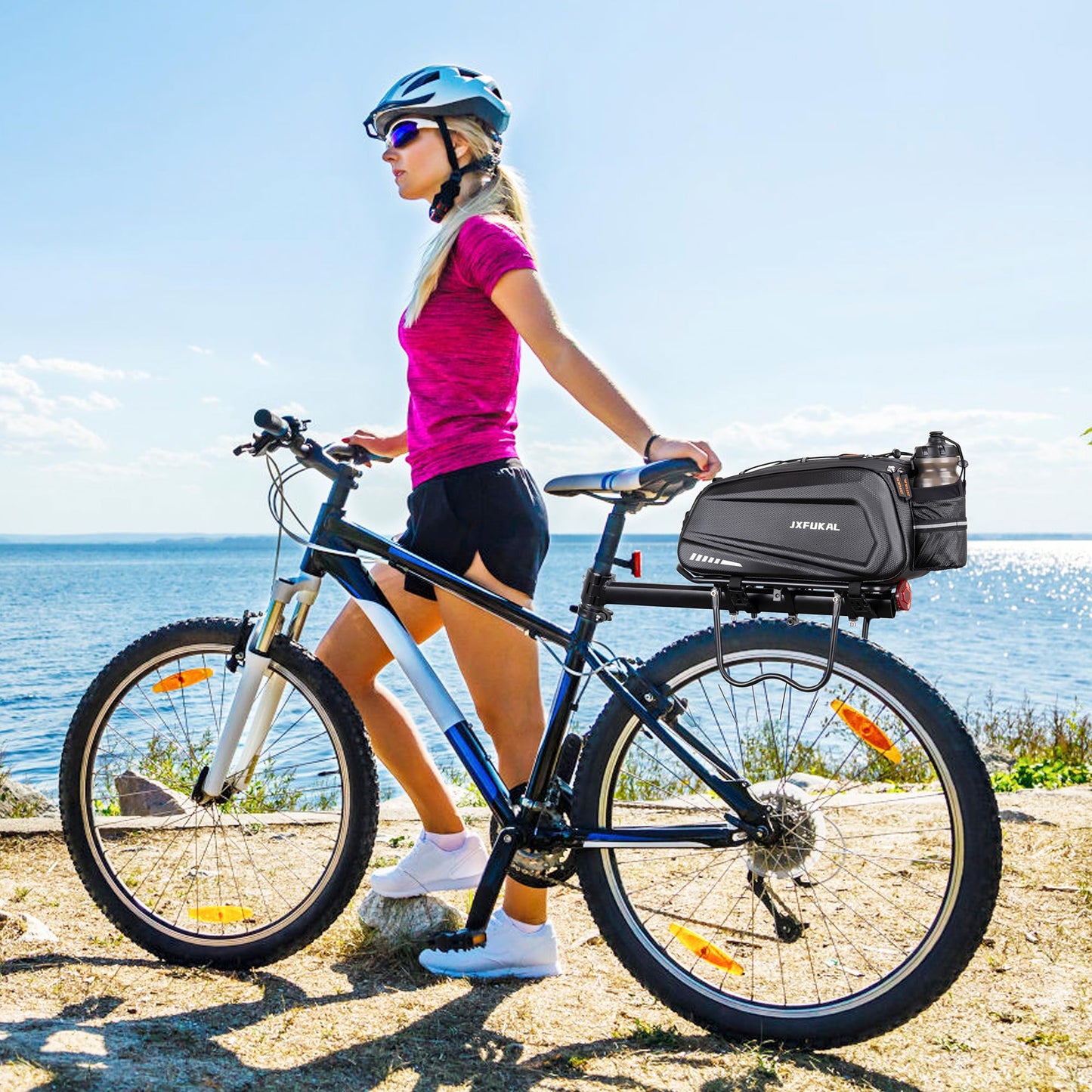 Waterproof Bike Rear Rack Bag Hard Shell Expandable Bicycle Trunk Pannier with Rain Cover Shoulder Strap Reflective Commuter Storage Bag
