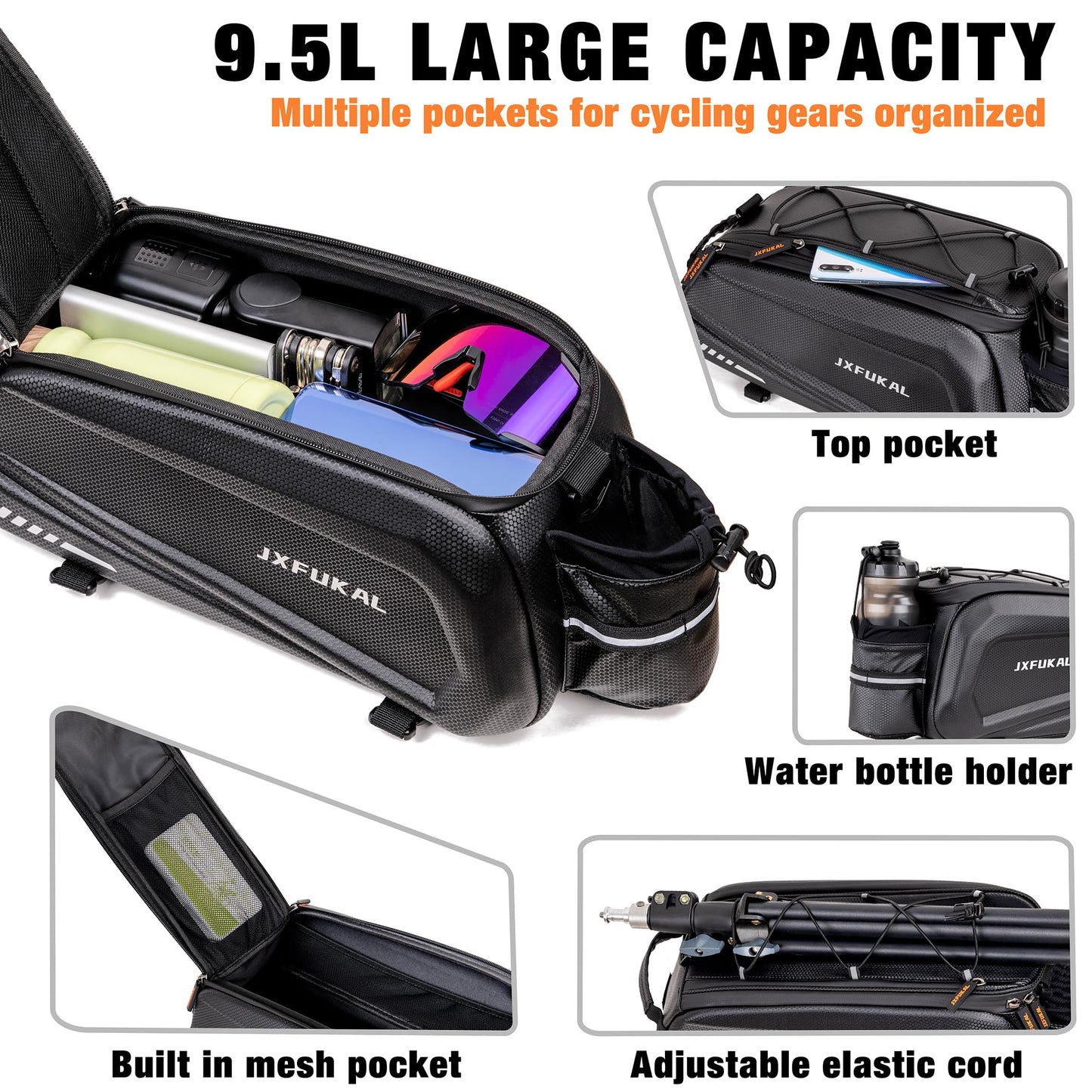 Waterproof Bike Rear Rack Bag Hard Shell Expandable Bicycle Trunk Pannier with Rain Cover Shoulder Strap Reflective Commuter Storage Bag
