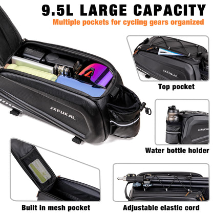 Waterproof Bike Rear Rack Bag Hard Shell Expandable Bicycle Trunk Pannier with Rain Cover Shoulder Strap Reflective Commuter Storage Bag
