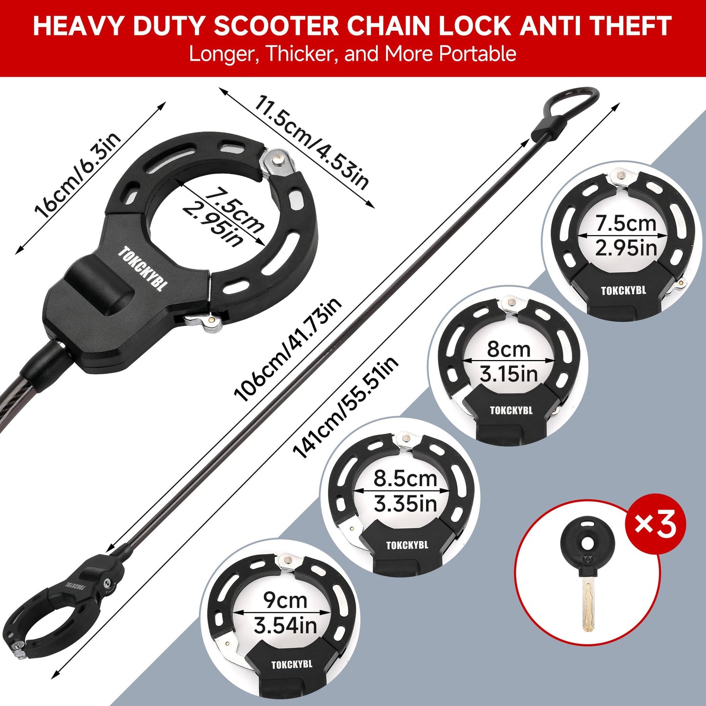 Heavy Duty Anti Theft Chain Lock 8mm Weatherproof Security Lock with Keys Scooter Bike Motorcycle Portable Security Lock