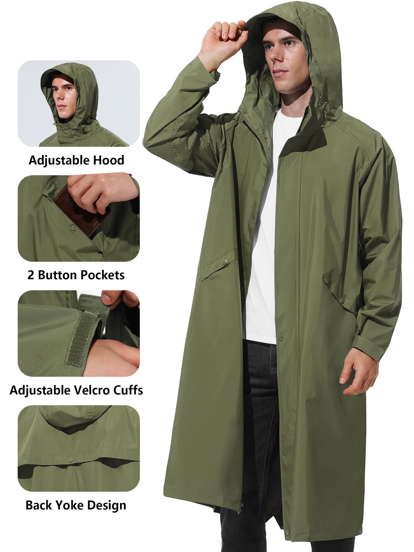 Men’s Waterproof Long Raincoat Adjustable Hood Wide Brim Packable Outdoor Cycling Commuting Rain Jacket Lightweight Portable