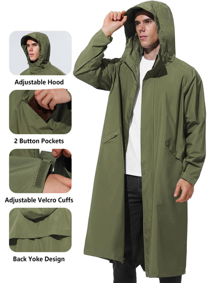 Men’s Waterproof Long Raincoat Adjustable Hood Wide Brim Packable Outdoor Cycling Commuting Rain Jacket Lightweight Portable