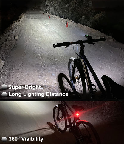 USB Rechargeable Bike Lights Front and Rear Set 6400mAh 1200LM Super Bright LED Night Riding Road MTB Compact