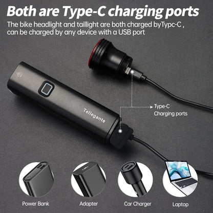 USB Rechargeable Bike Lights Front and Rear Set Dual LED High Low Beam 6000mAh IPX6 Waterproof Aluminum Alloy