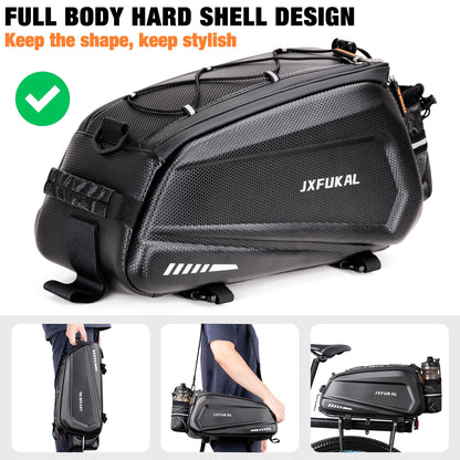 Waterproof Bike Rear Rack Bag Hard Shell Expandable Bicycle Trunk Pannier with Rain Cover Shoulder Strap Reflective Commuter Storage Bag