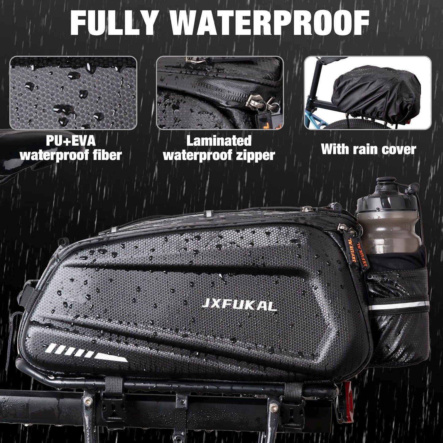 Waterproof Bike Rear Rack Bag Hard Shell Expandable Bicycle Trunk Pannier with Rain Cover Shoulder Strap Reflective Commuter Storage Bag